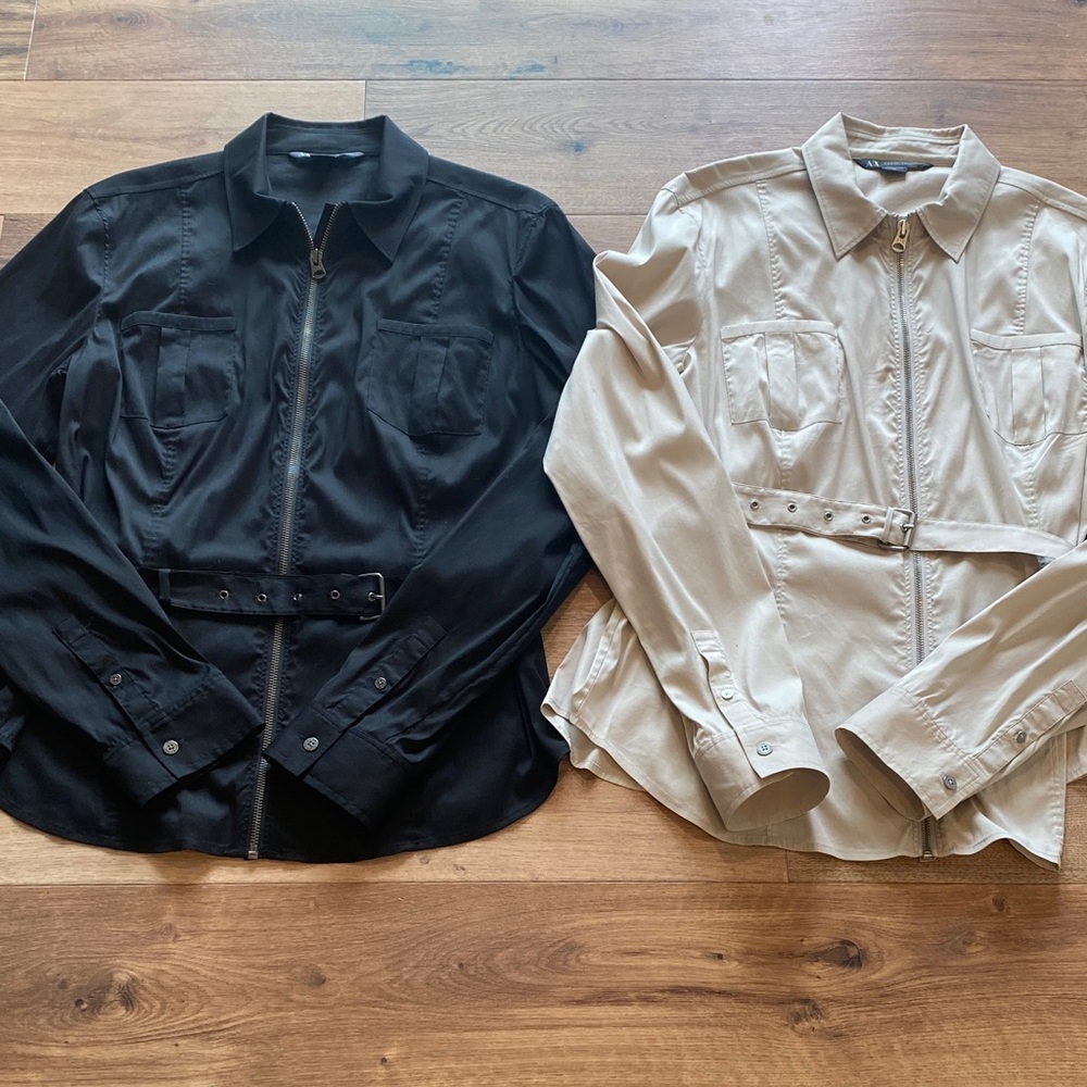 Armani Exchange blouses 

2 one black one tan

Size XL